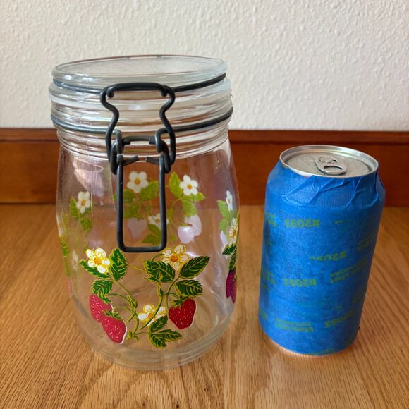 VTG ARC France Strawberry Blossom Glass Jar Metal Clasp NEW Rubber Seal 1 Liter - Picture 3 of 6